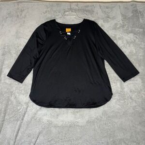 Ruby Rd Womens XL Black Lace Up Grommet V-Neck 3/4 Sleeve Top Stretch Curved Hem
